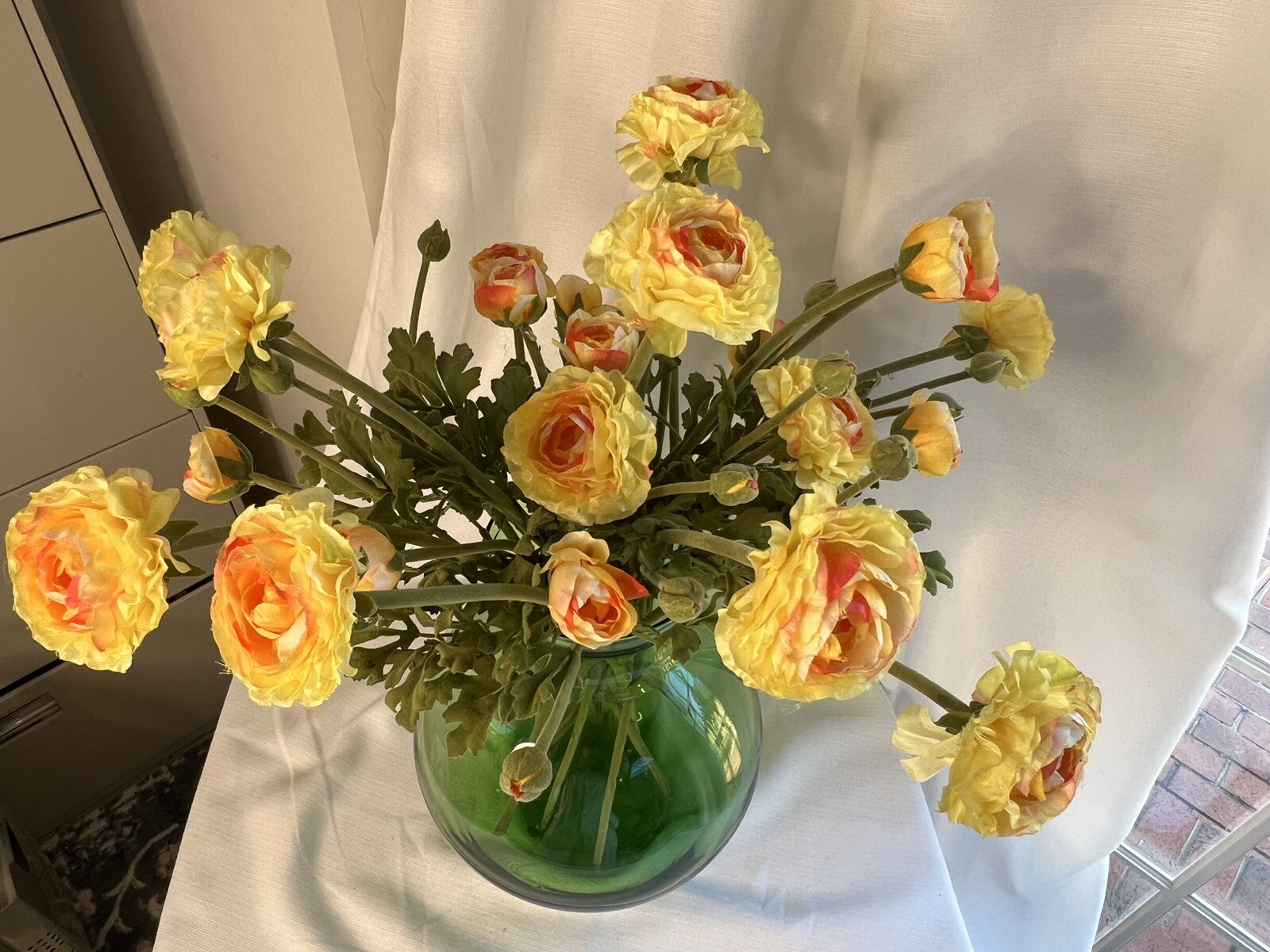 Large Custom Floral Arrangement Realistic Yellow Ranunculus In Green Glass Jug