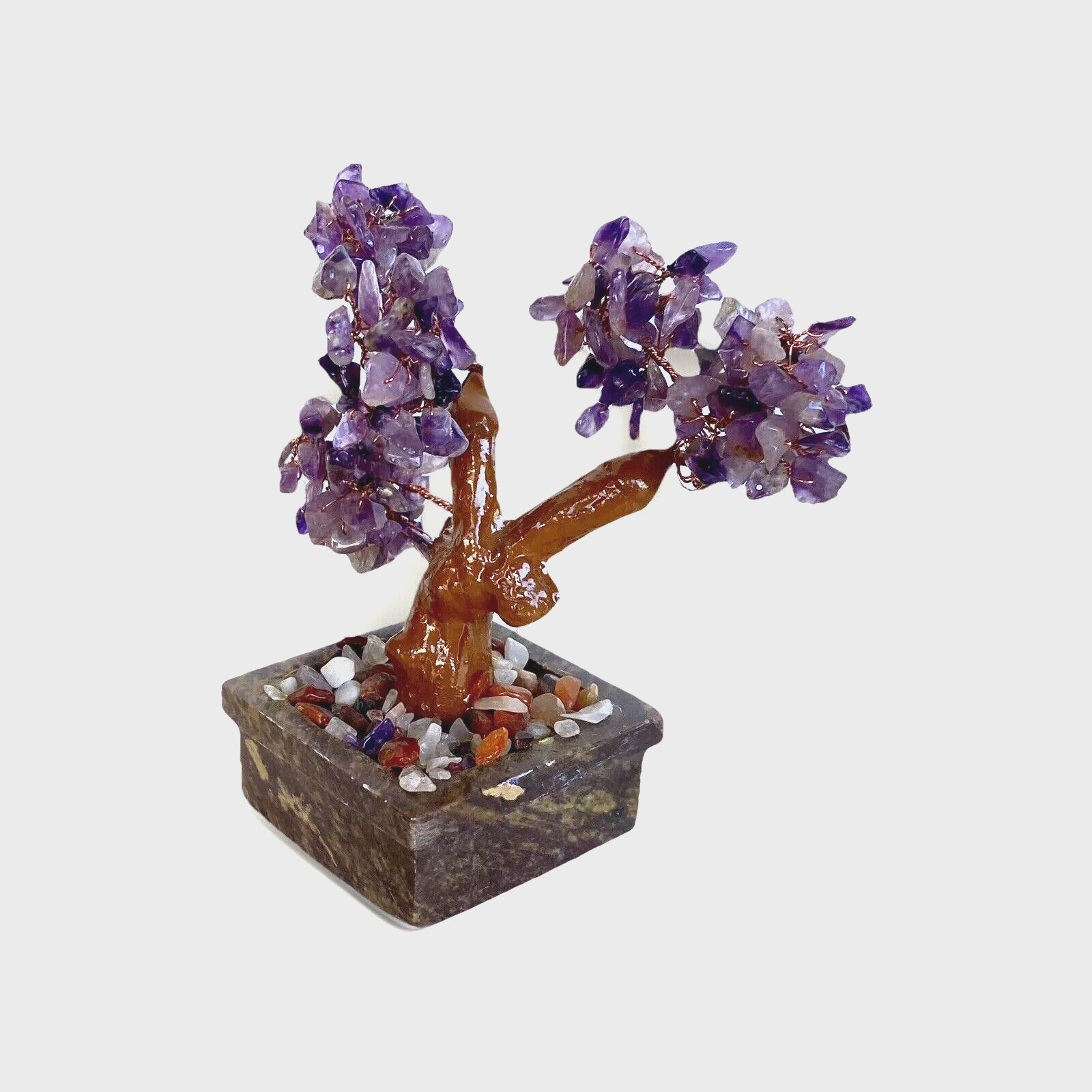 Vintage Polished Amethyst Chip Bonsai Tree Sculpture with Soapstone 4-3/4″ Tall