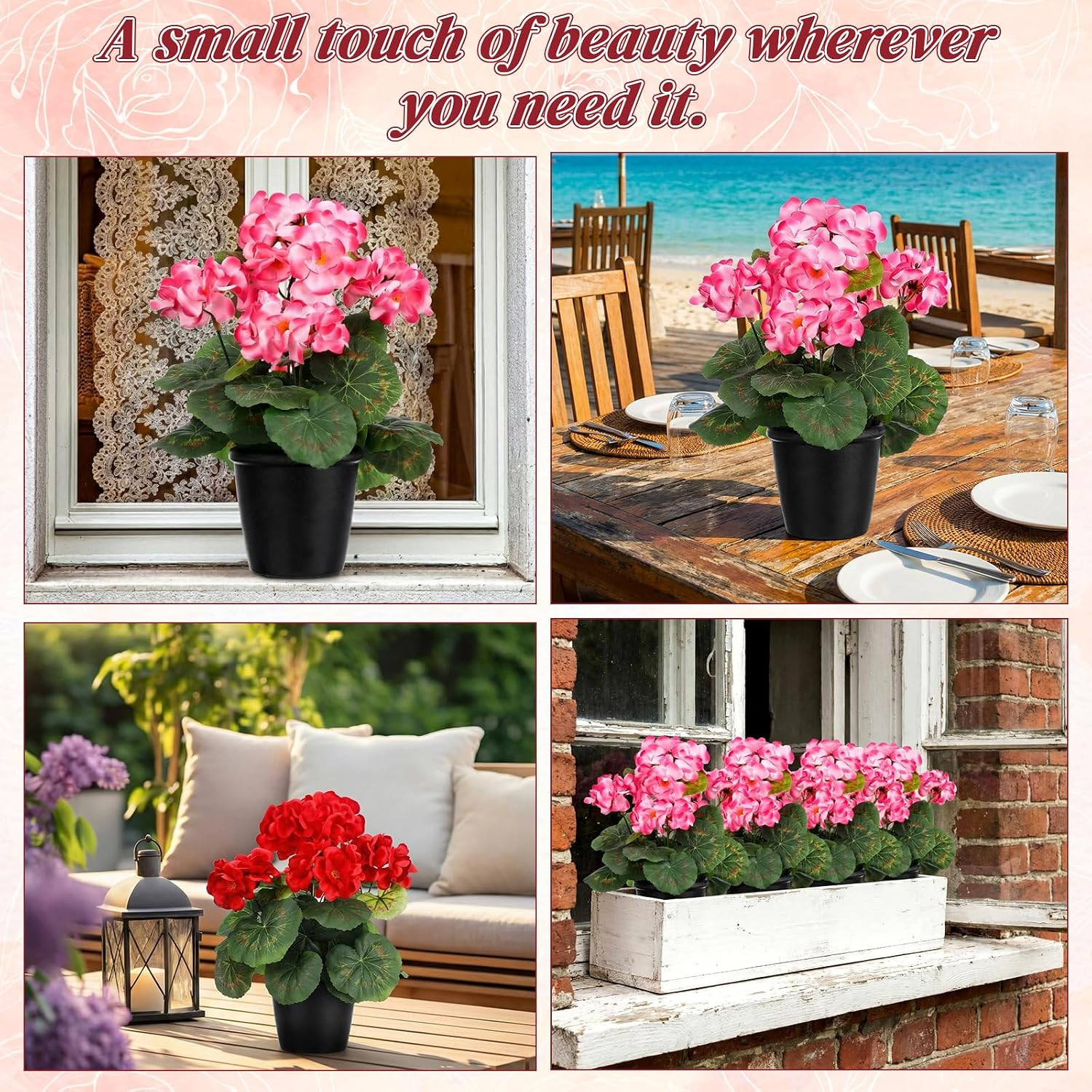 4 Pack UV Resistant Pink Artificial Geraniums for Home & Garden Decor