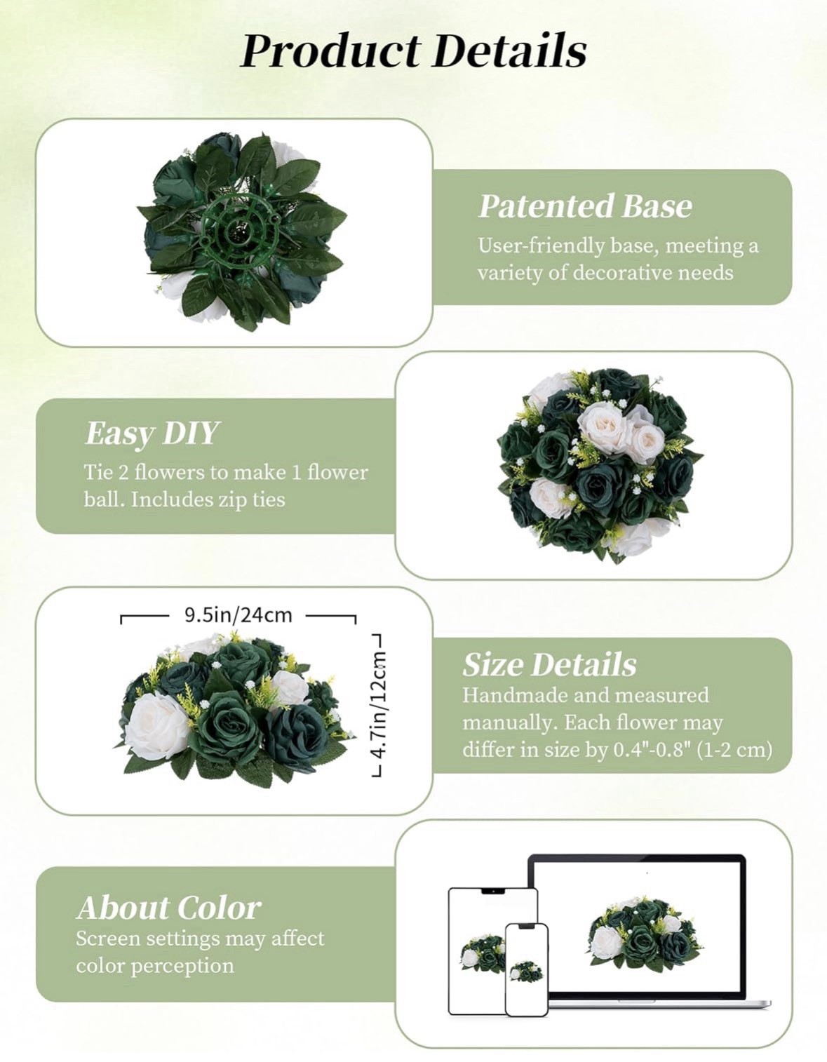 BLOSMON Green Flowers Artificial for Decoration: 2 Pcs Fake Rose Balls