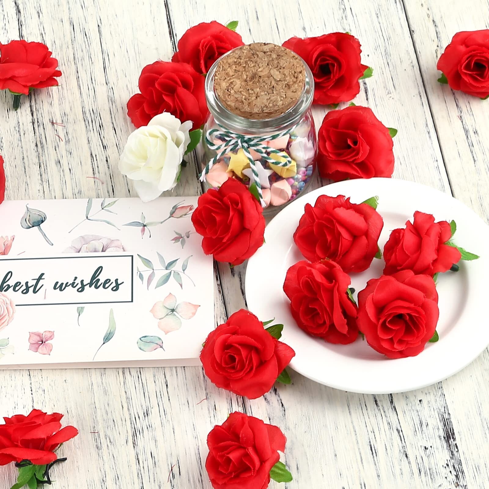 Kesoto 50pcs Red Roses Buds Artificial Flowers Bulk, 1.6″ Small Silk Fake Ros…