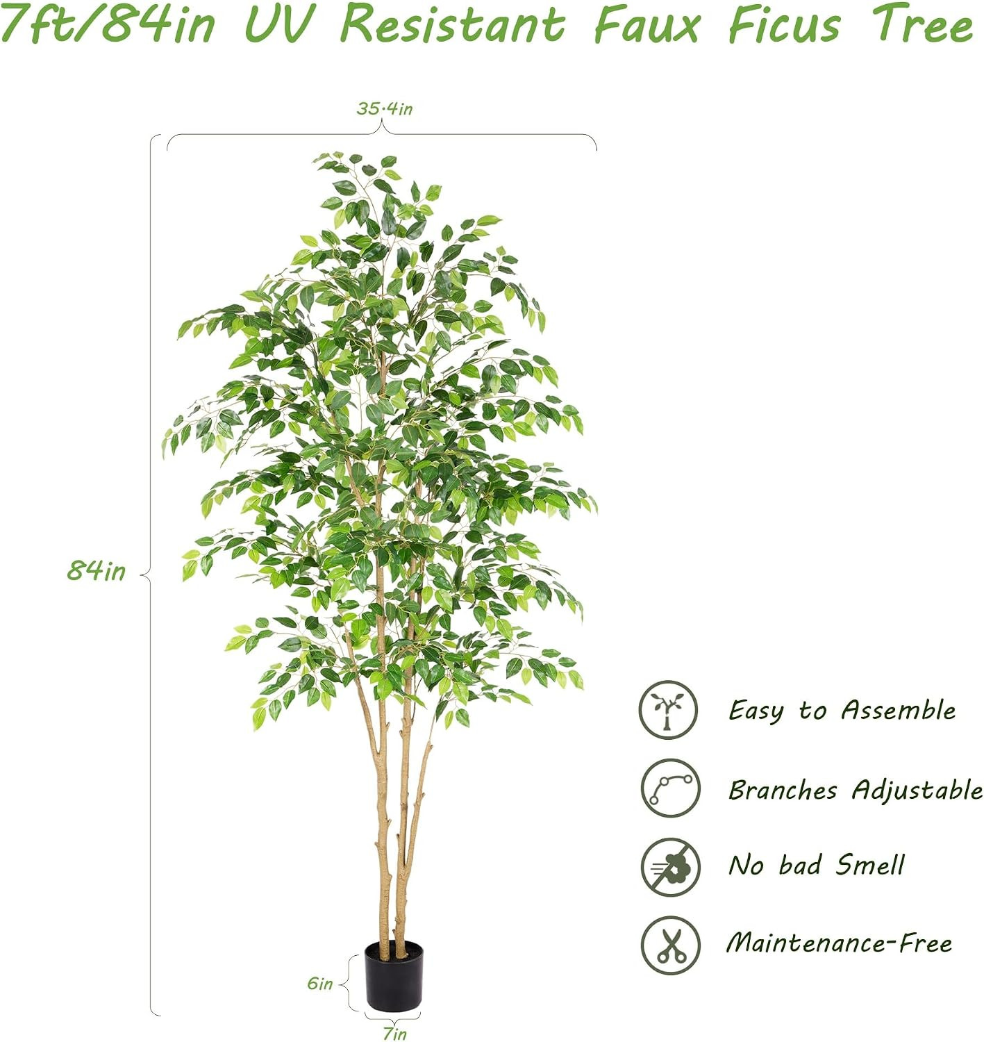 Tall UV Resistant Ficus Tree Artificial，7Ft(84In) Realistic Texture Potted Faux