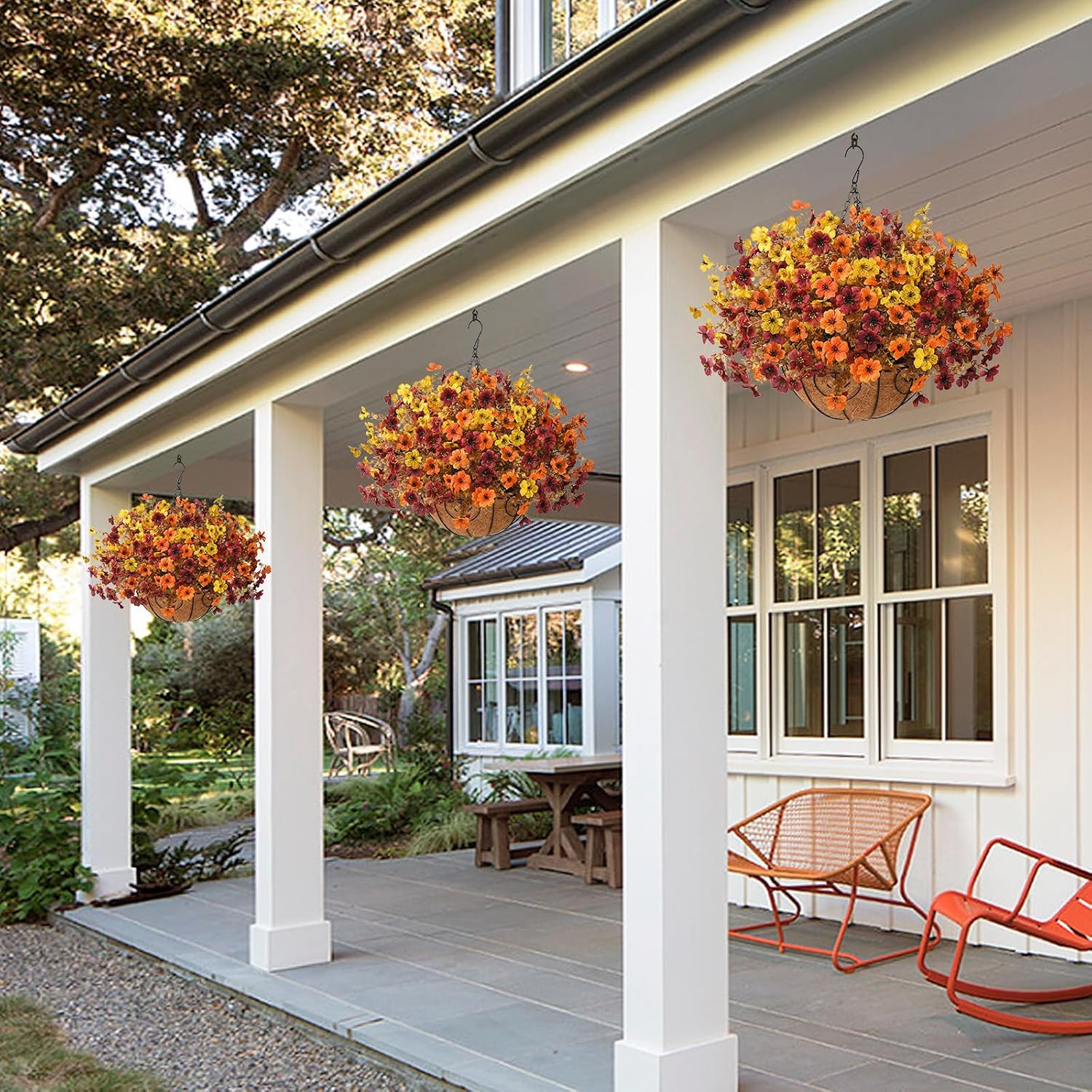 Vibrant Faux Fall Hanging Baskets – UV Resistant Mums for Outdoor Decor