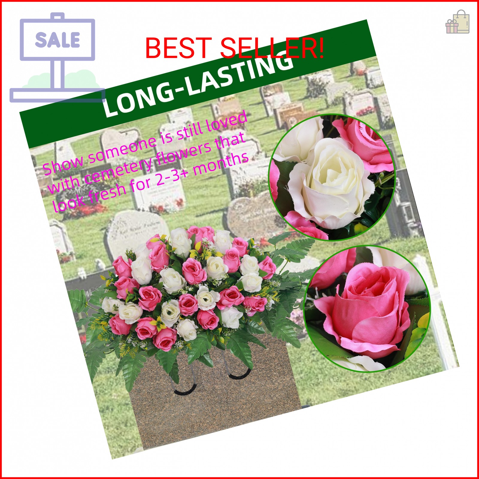 Lodou Artificial Cemetery Flower Saddles, Rose Headstone Flower Saddle Outdoor G