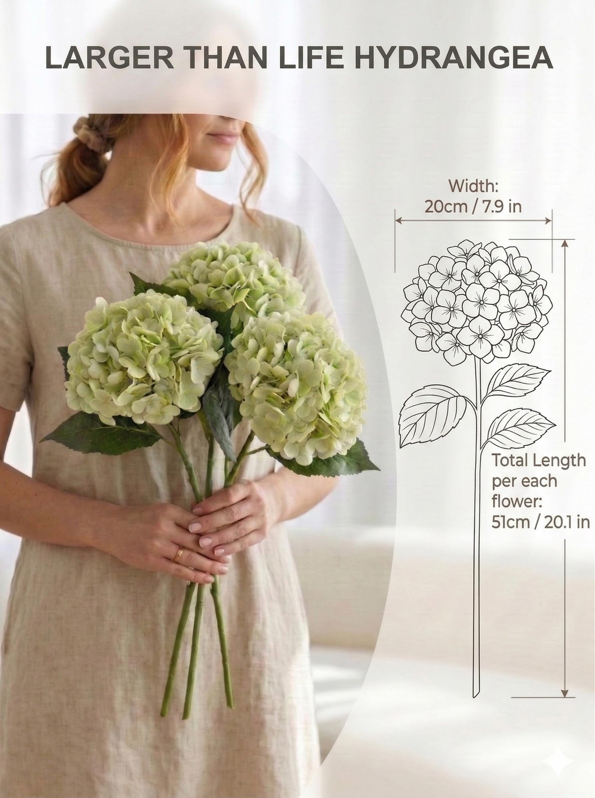 3 Pcs Real Touch Green Hydrangea Artificial Flowers – 20″ Large 3D Latex Ligh…