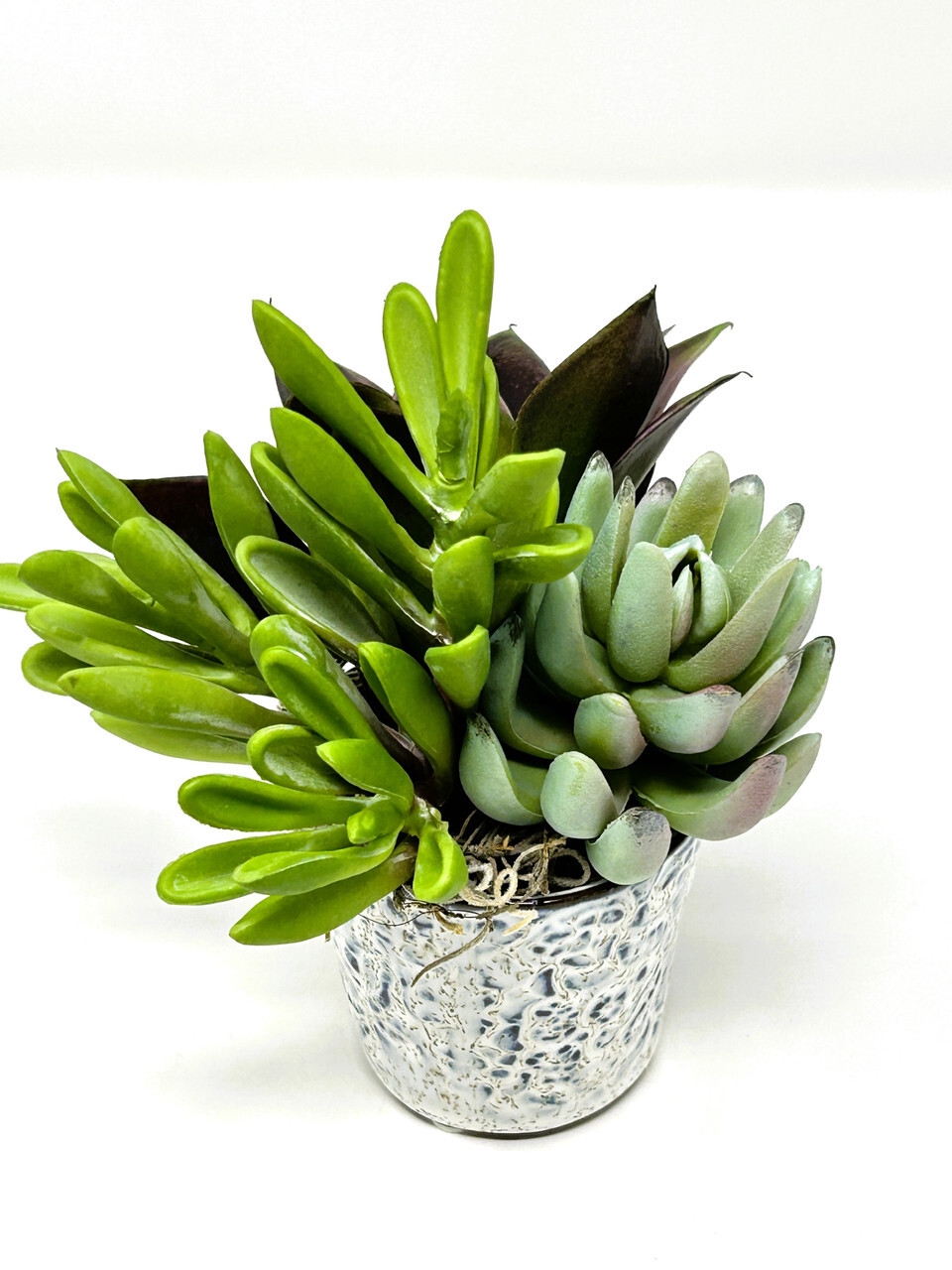 Mini 6″ Artificial Purple & Green mixed Succulent Garden #13, Blue Stone Ceramic