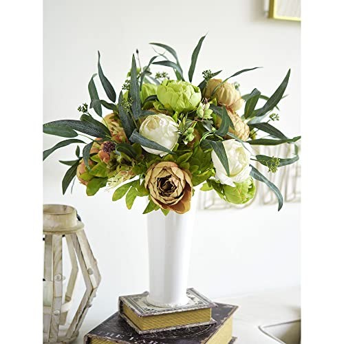 Vintage Artificial Peonies Silk Peony Country Rustic (Beige, Green & Brown)