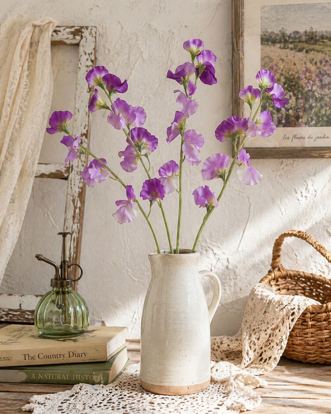 Purple Sweet Pea Flower Stems Faux Floral Spray Cottagecore Wedding Decor Rustic
