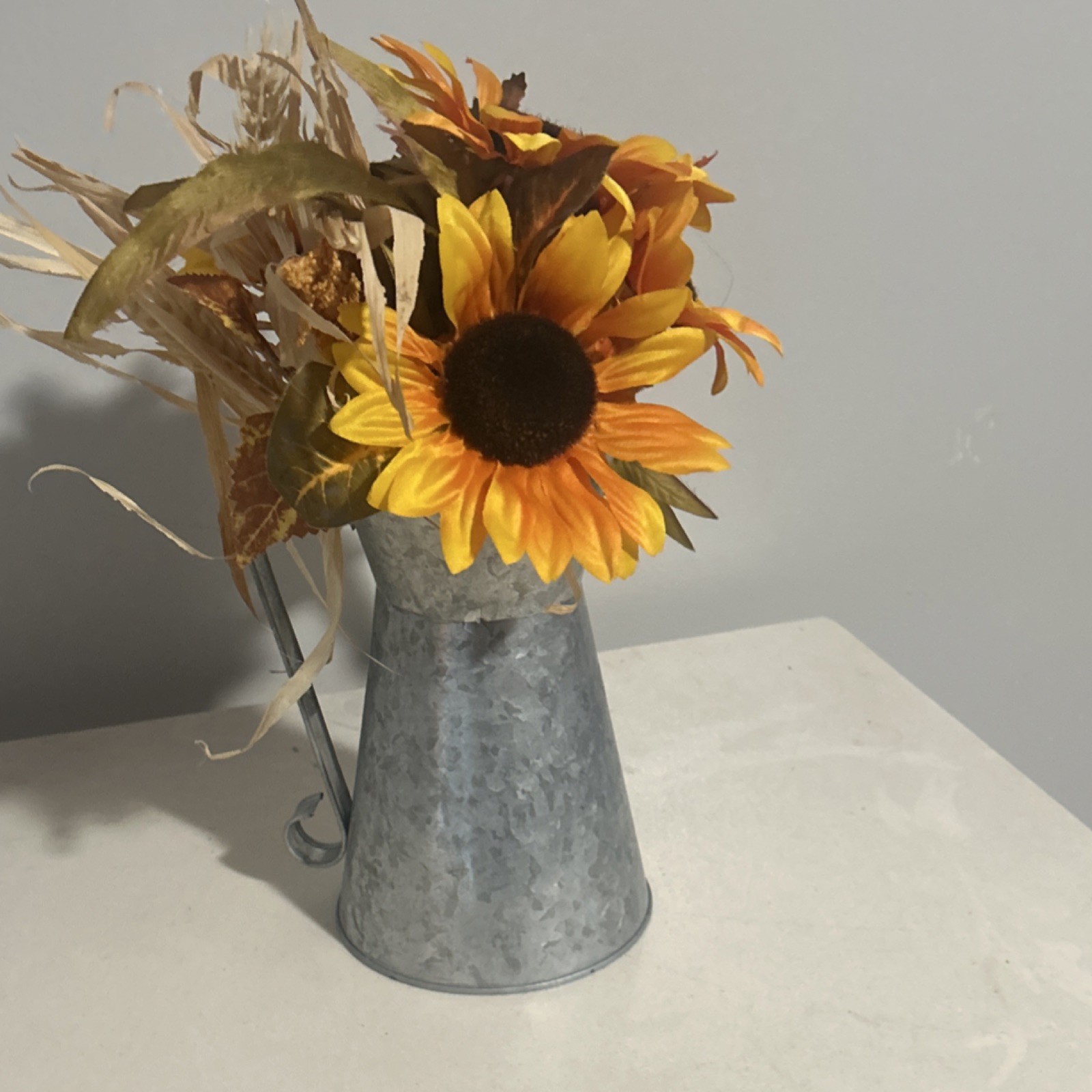 Artificial Sunflower Autumn Arrangement in Metal Vase, Yellow Orange Brown