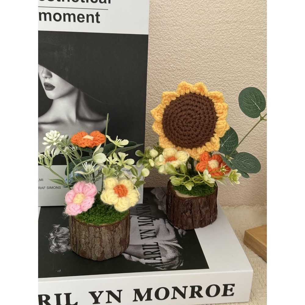 Handmade Crochet Knitted Puff Flowers Bouquet in Pot Mini Cute Home Desktop