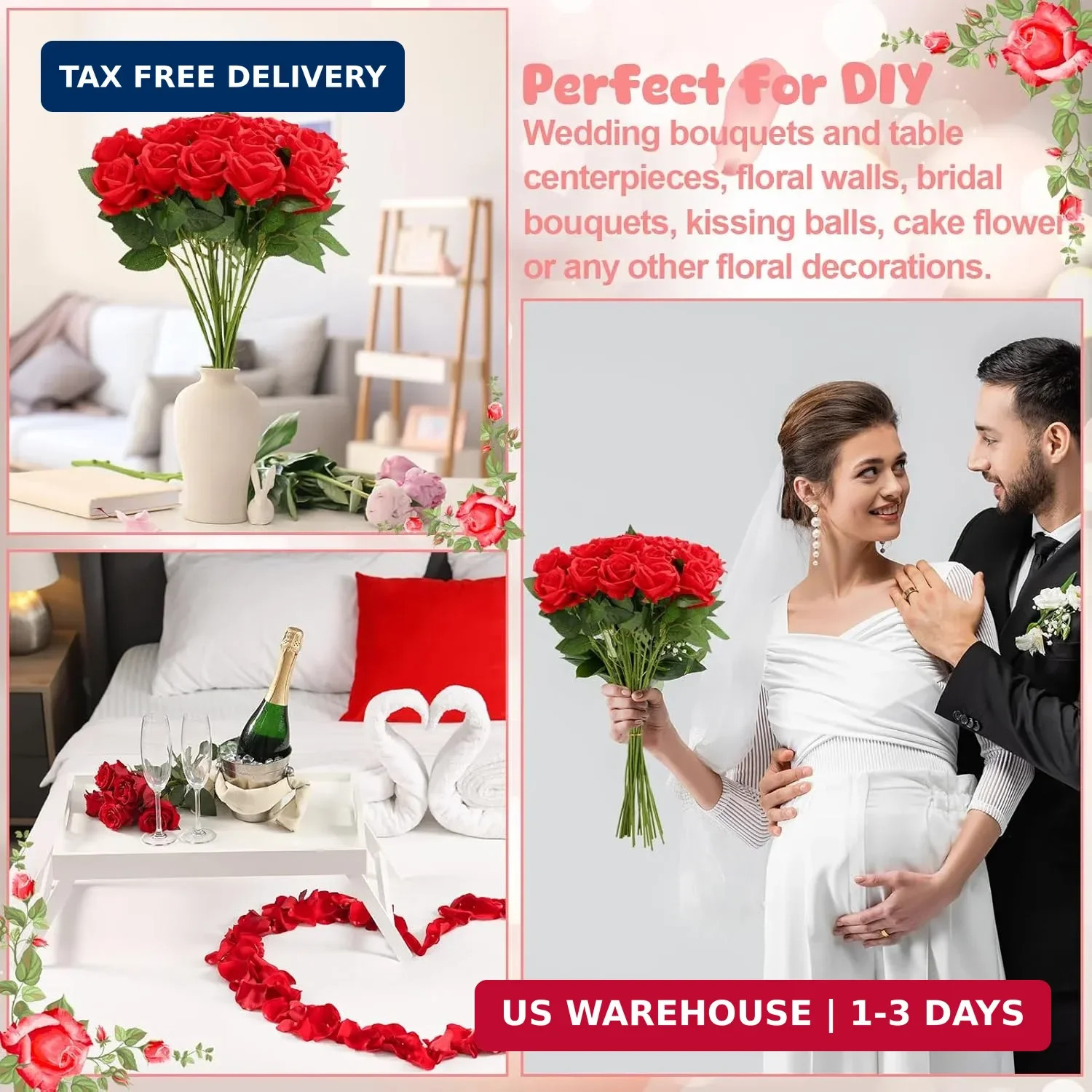 24 Pcs Red Rose Artificial Flowers with Long Stem Real Touch Silk Plastic Bouque