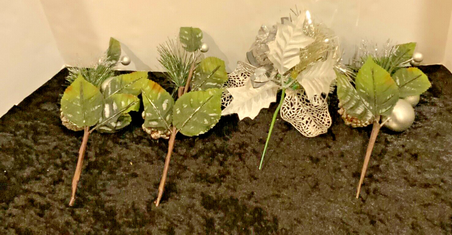 Lot of 4 VINTAGE Silver Floral Bouquet Basket Pick Decorations