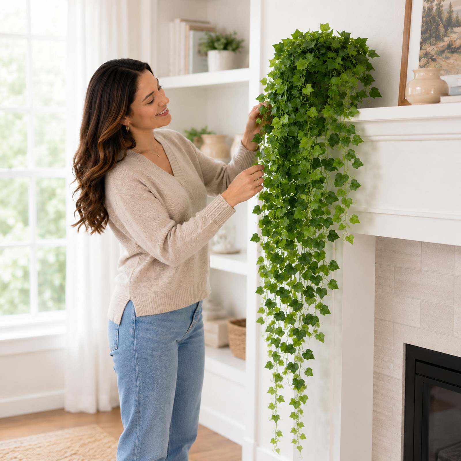 36″ Faux Hanging Ivy Plants in White Pots, 2 Pack Fake Pothos Artificial Hang…