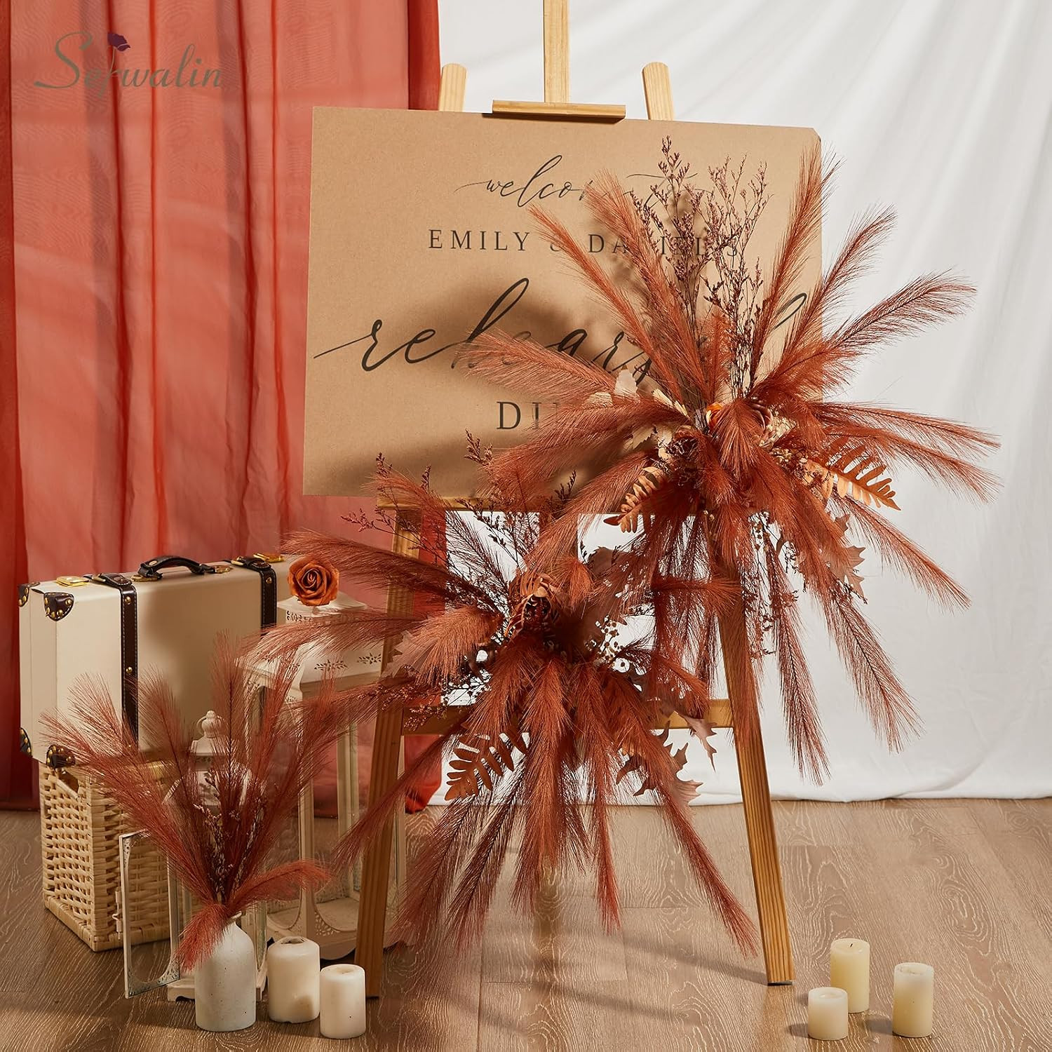 60PCS 17.7″ Burnt Orange Pampas Grass Decor for Vase Filler Home | Artificial Sh