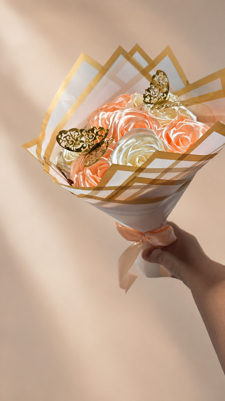 NORELD 20 Satin Rose Bouquet Peach Ivory Gold Butterflies Handmade Gift