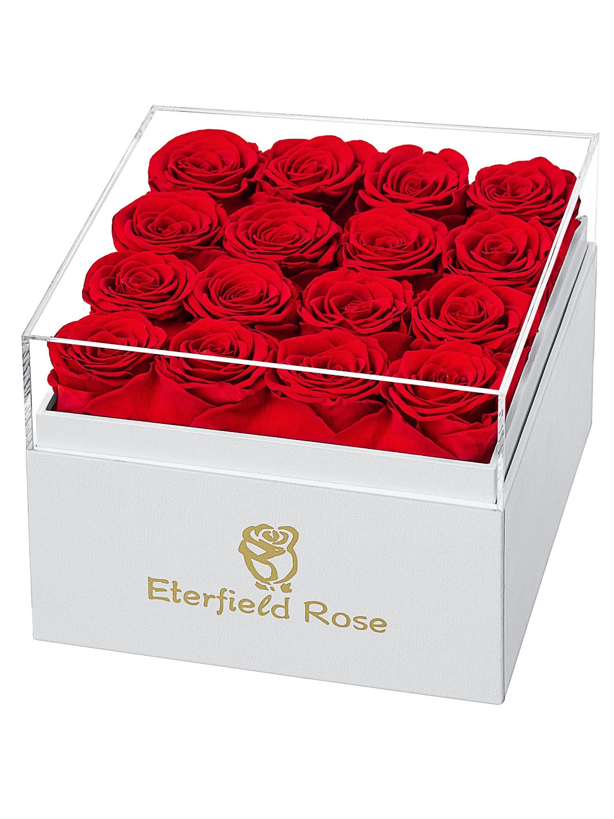 Forever Flowers Square White Box Preserved Real Red Roses 16 PK