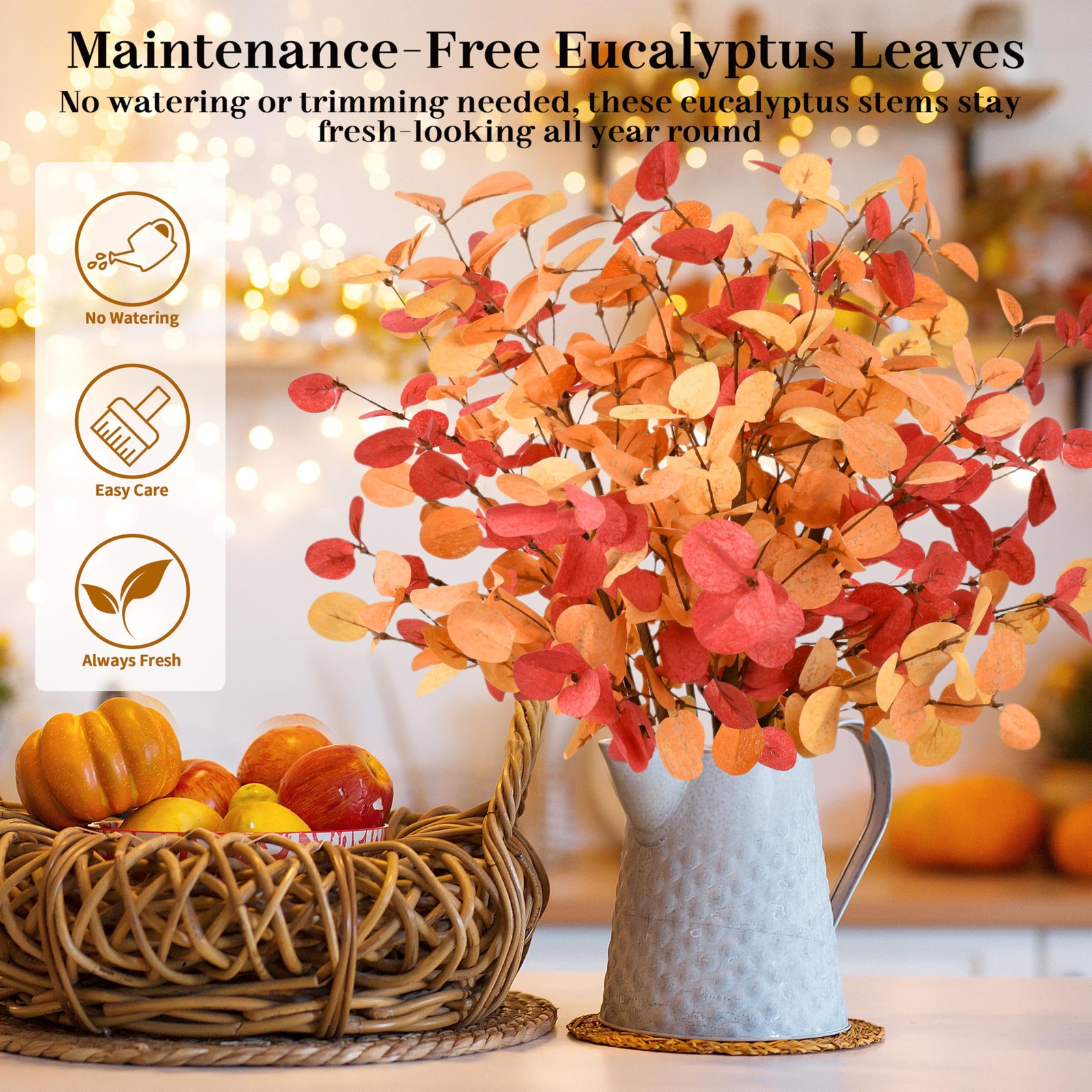 6Pcs 24 Inch Artificial Eucalyptus Fall Leaves, Fall Orange Eucalyptus Leaves…