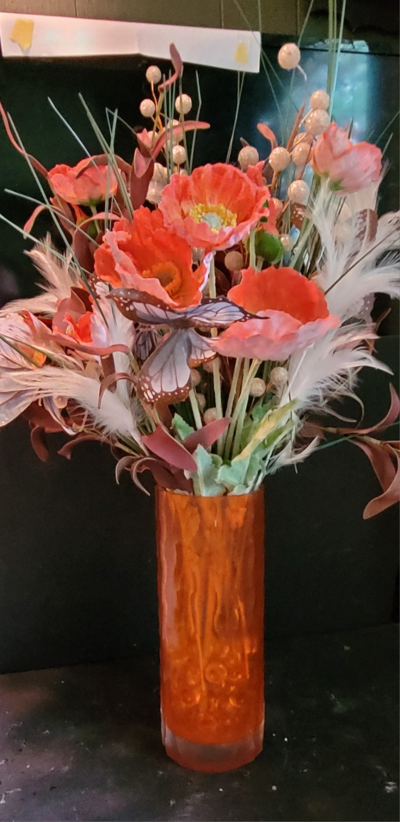 Artificial Poppy Flowers in Orange 8″Vase Butterfly,Feathers much More ,