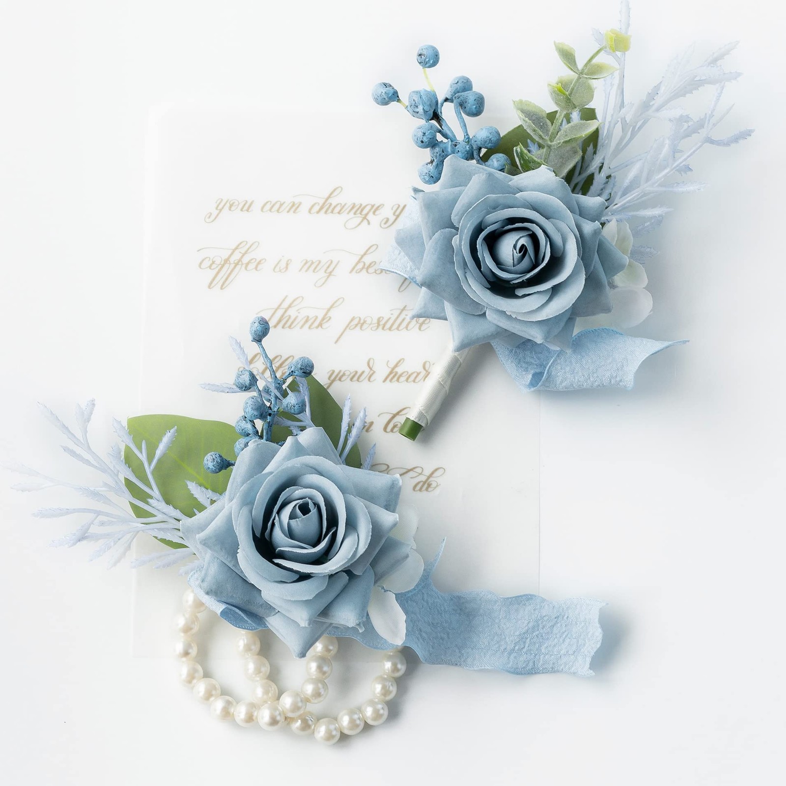 2 PCS Wrist Corsage Wristlet And Boutonniere Set Wedding Prom Dusty Blue
