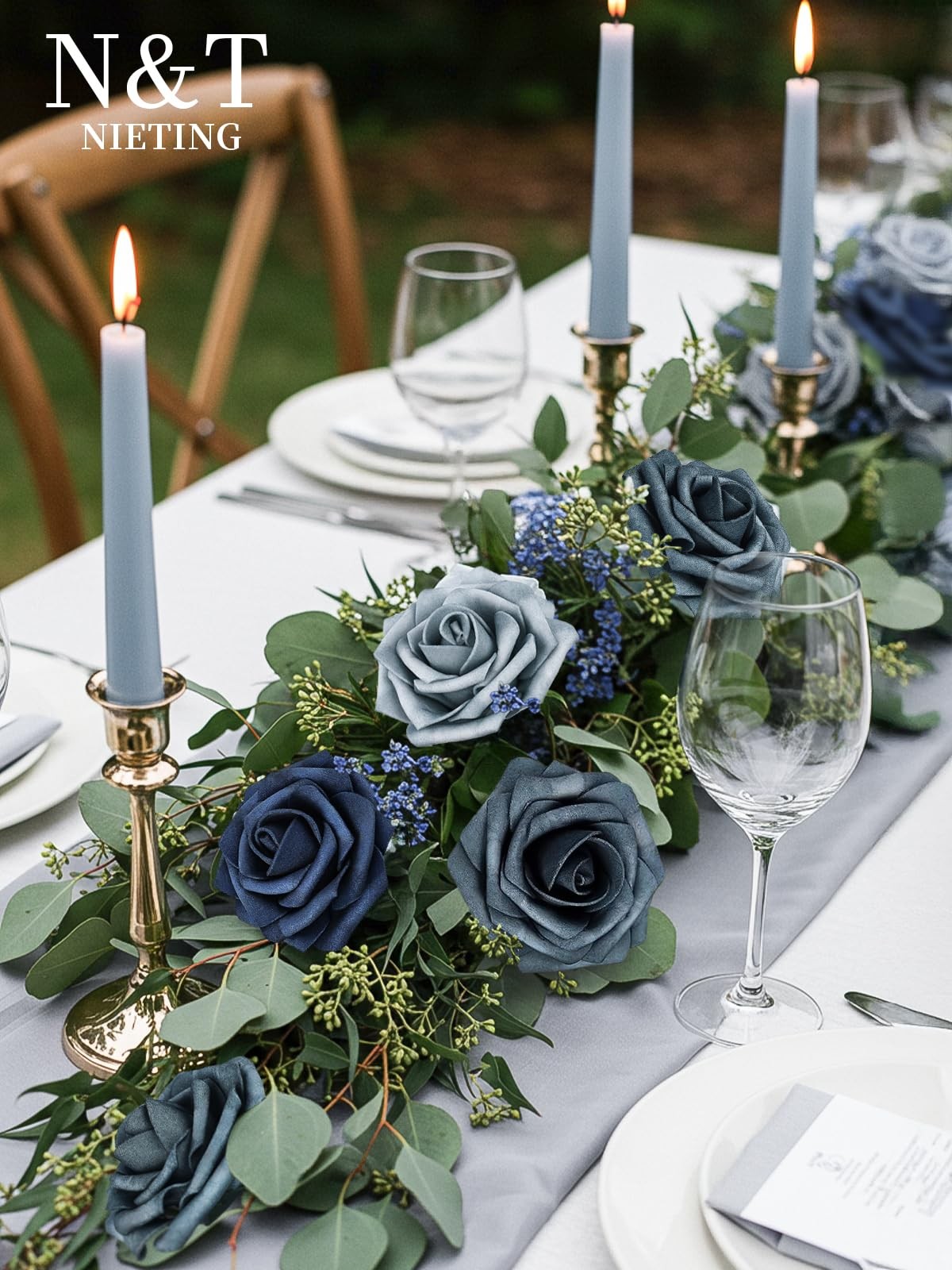 25 PCS Fake Roses Artificial Flowers Dusty Blue Shades Navy Blue Decoration
