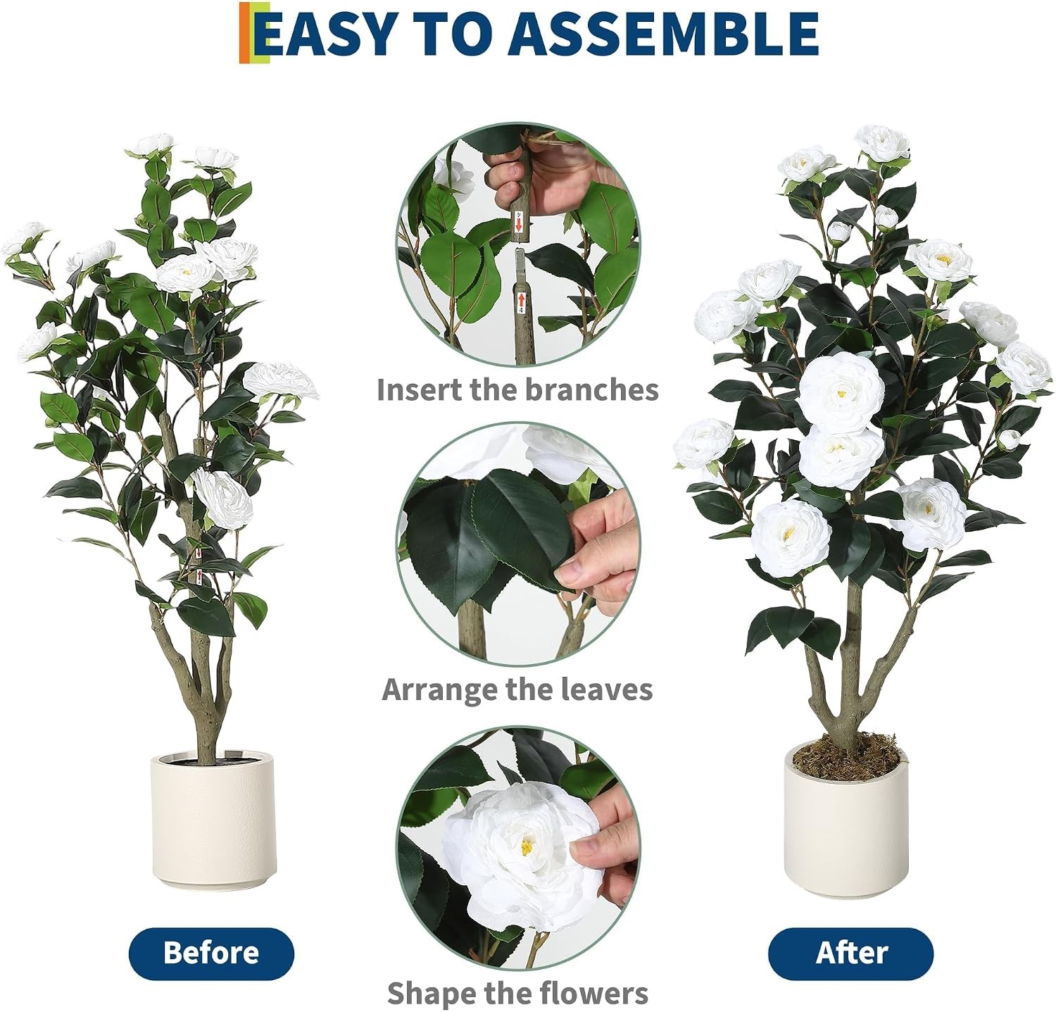 3/5FT Artificial Camellia Tree Lifelike Silk White Flowers Potted Faux Plant