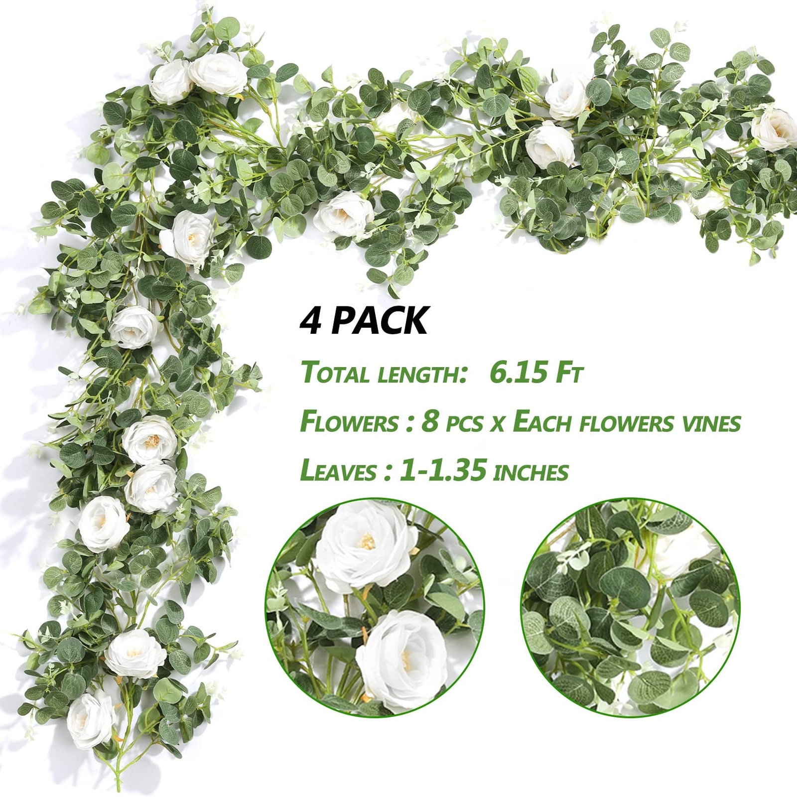 Der Rose 4 Pcs 13Ft Artificial Eucalyptus Flower Garland with Fake Silk Rose …