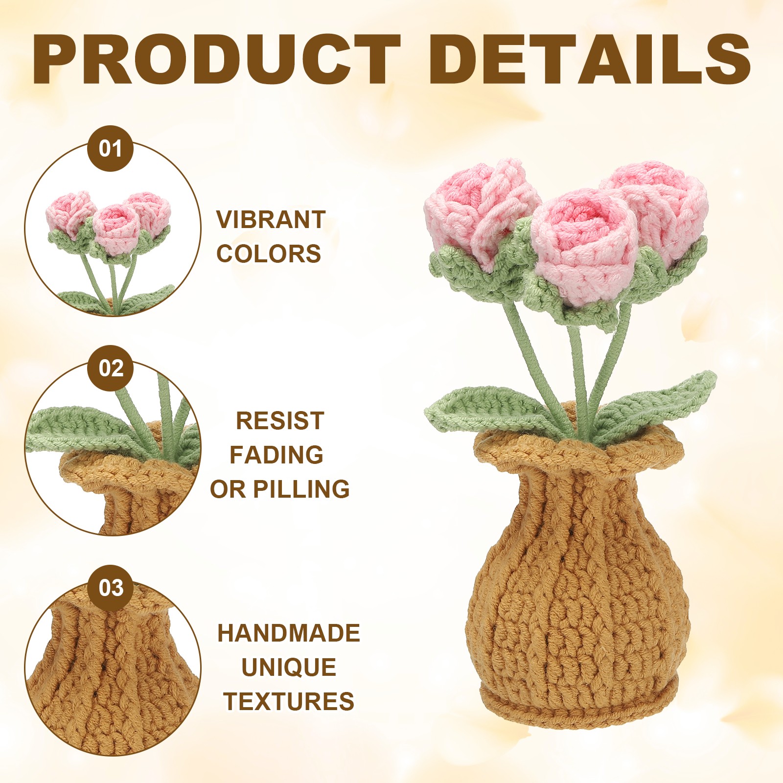 Crochet Flowers Rose Artificial Flowers Little Potted 3 Flowers Gradient Pink
