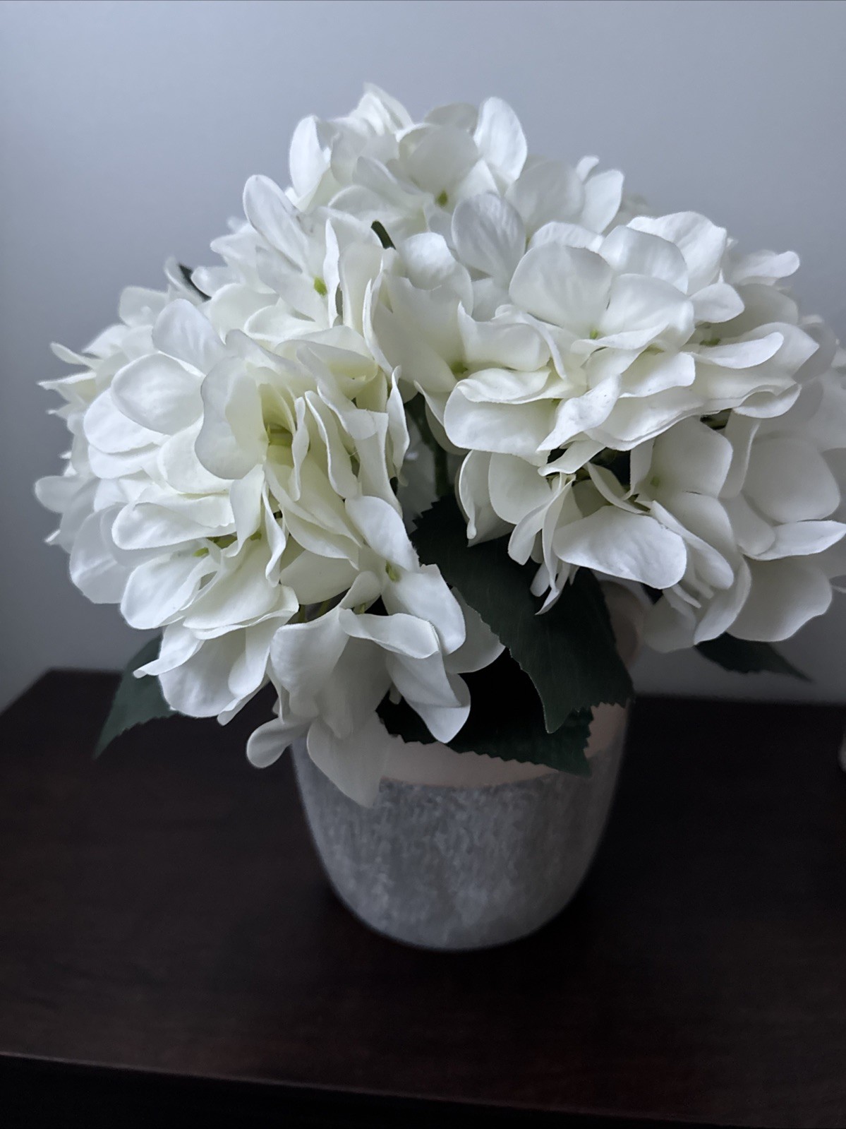 Contemporary Spring Faux Arrangement -White Hydrangea In Pottery Vase