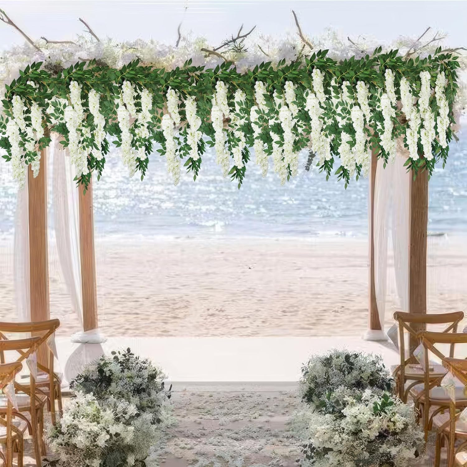 Wisteria Garland Artificial Flowers Floral Vines White 6.56 Ft Silk Fake Wisteri