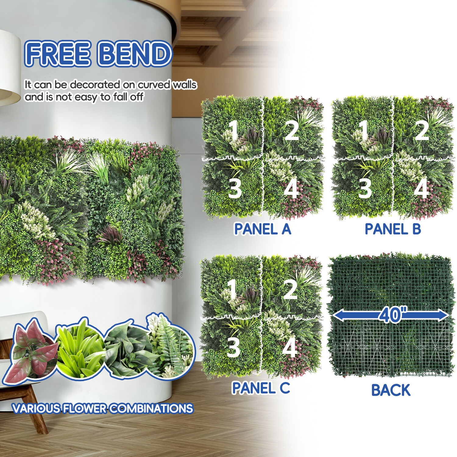 40″ x 40″ Artificial Plant Mat Mixed ABC Fence Panel Wall Hedge Decor 3-Pack #1