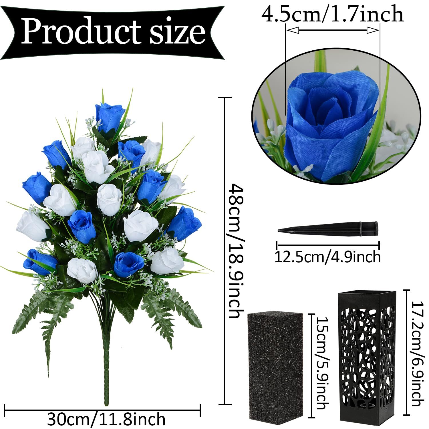 Artificial Cemetery Flowers Grave Memorial Flowers Set of 2 Dark Blue White