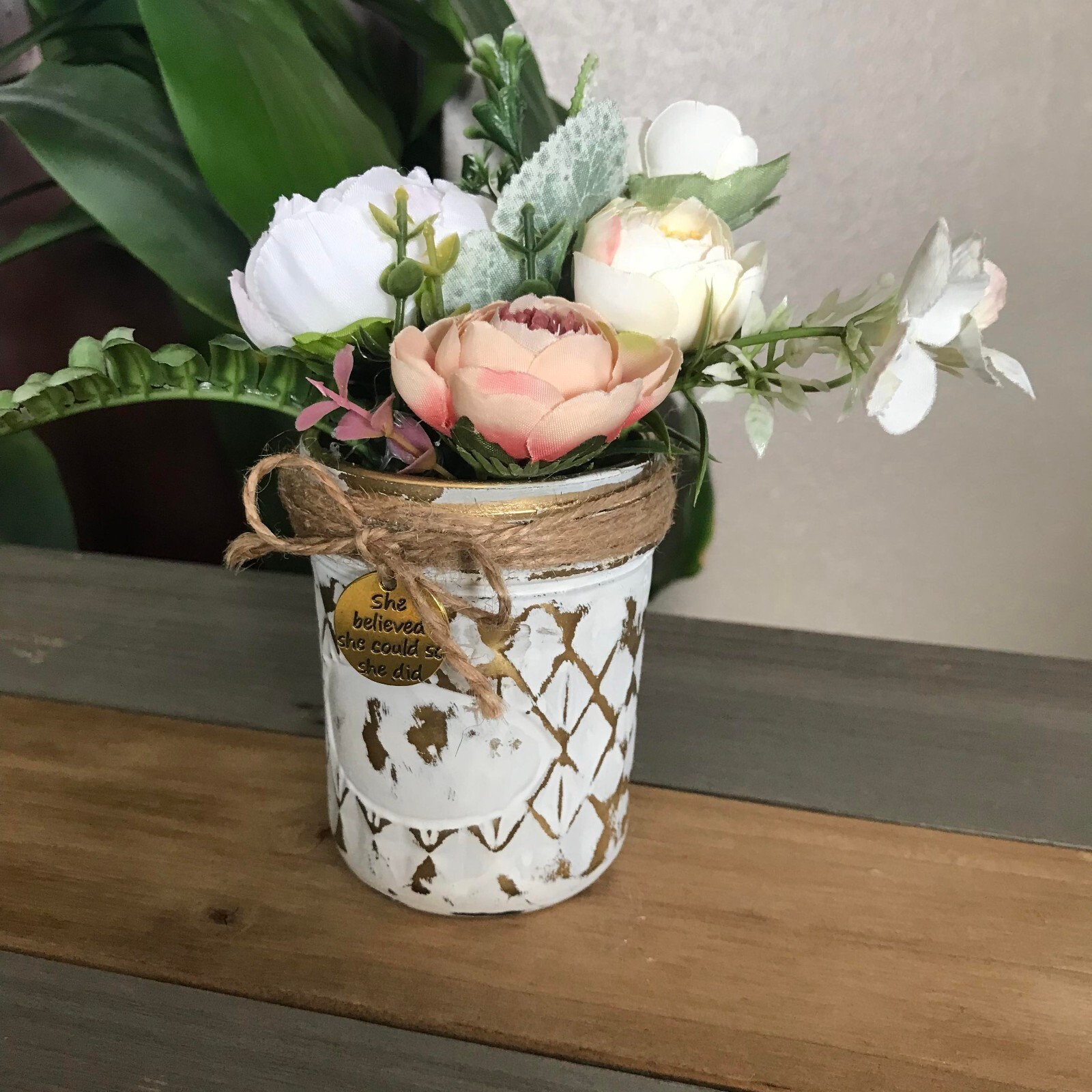 Handmade Floral Arrangement in Distressed White and Metallic Gold Jar