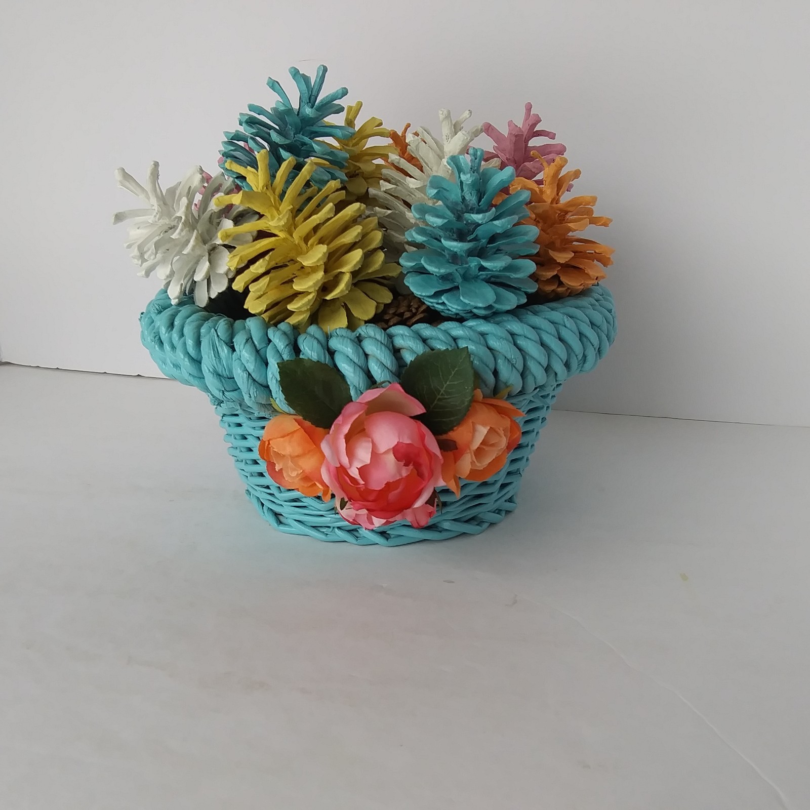 Colorful Pinecone Floral Basket Arrangement Teal Woven Pot Spring Decor Reversib