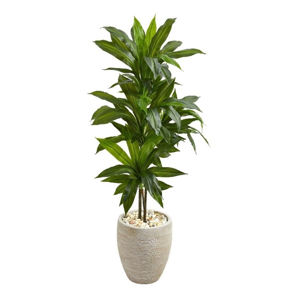 Pemberly Row 48″ Dracaena Artificial Plant in Sand Colored Planter Real Touch