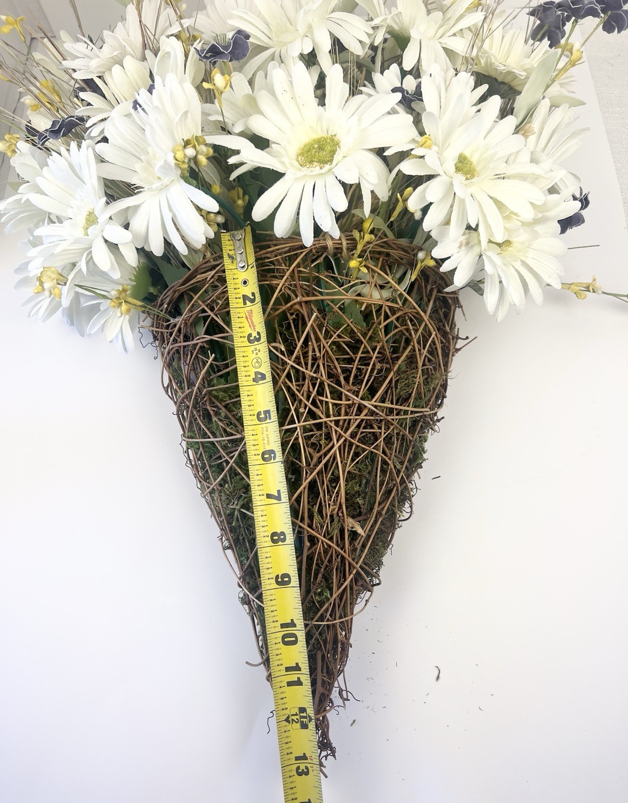 27” Daisy Wall Cone Arrangement-Rustic Twig Basket-Farmhouse Cottage Door Decor