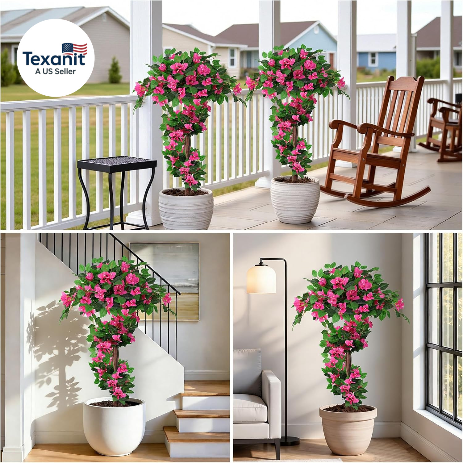 2Pack 4FT Artificial Bougainvillea Topiary Trees for Outdoor, Fake Silk Flowers