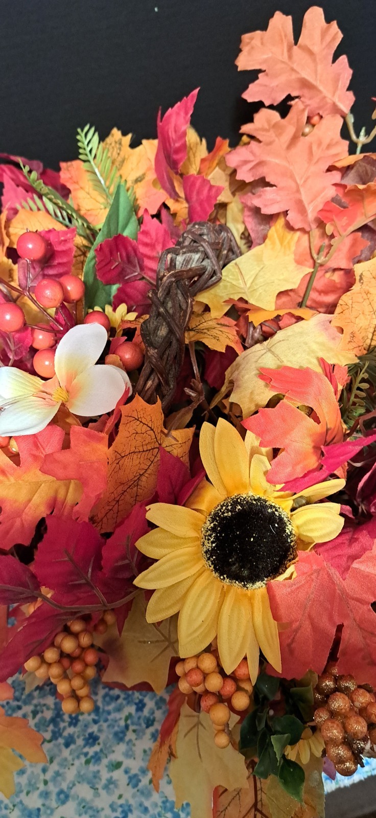 Fall Bouquet In Grapevine Basket Silk flowers Leaves And Berries 17″ X 18″ X 10″