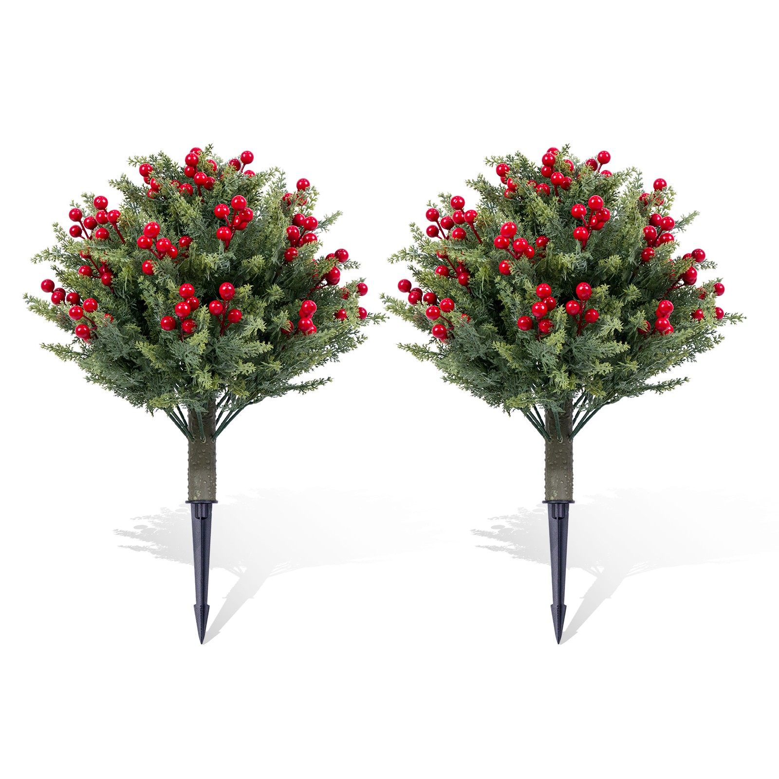2Pcs 19.6” Artificial Topiary Trees Red Fruits Bushes with Ground Spike Outdoor