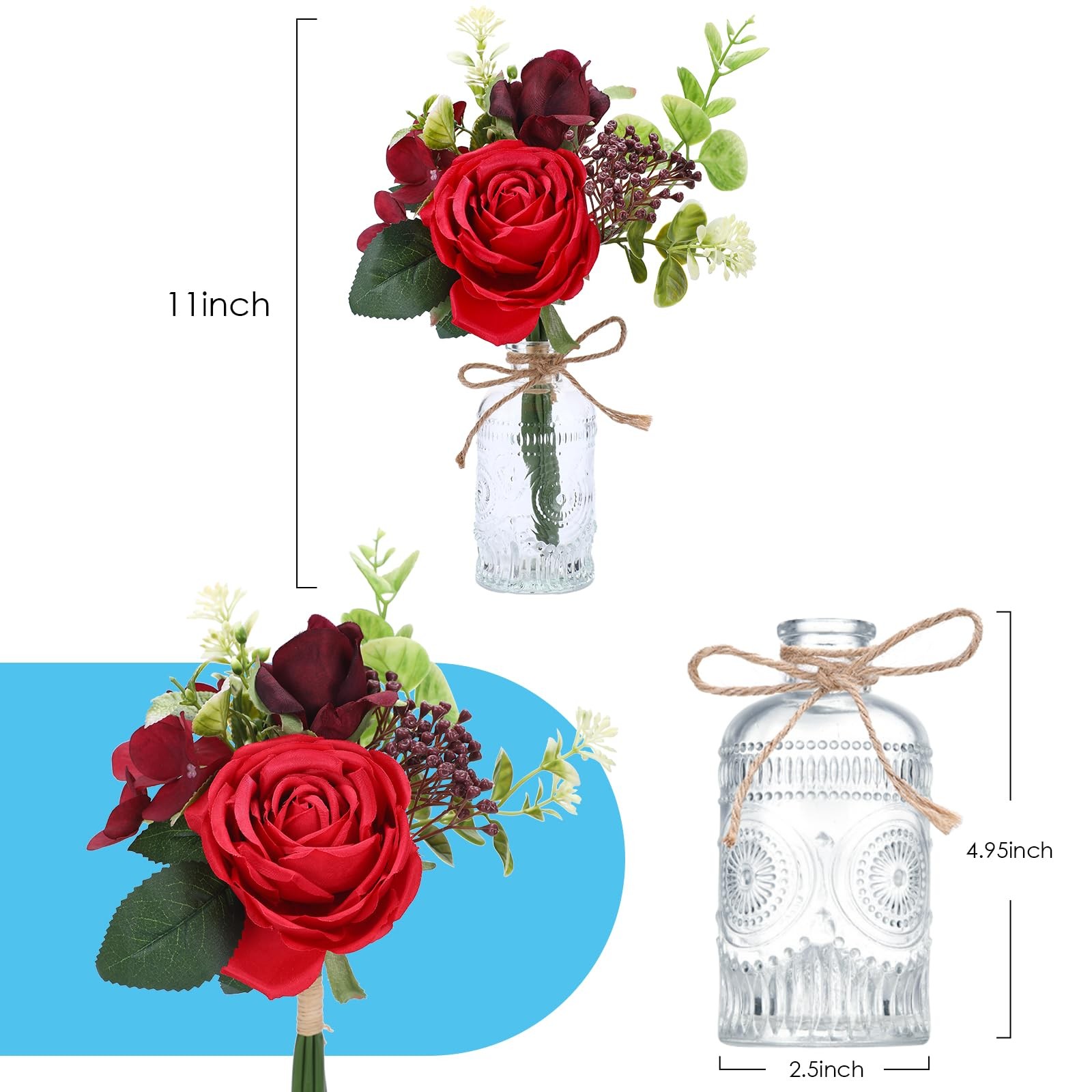 Artificial Flowers with Vase – Small Red Fake Plants Faux Silk Flower Arrange…