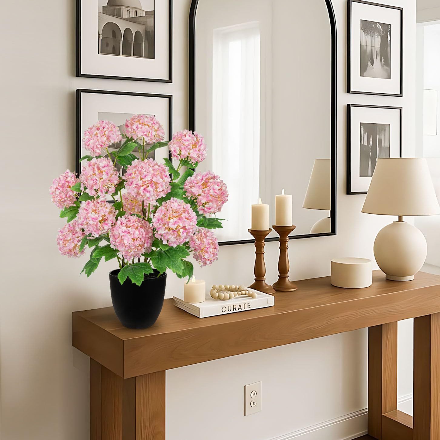 Realistic Pink Faux Hydrangea Plant in Pot – 13 Blooming Heads for Home Decor
