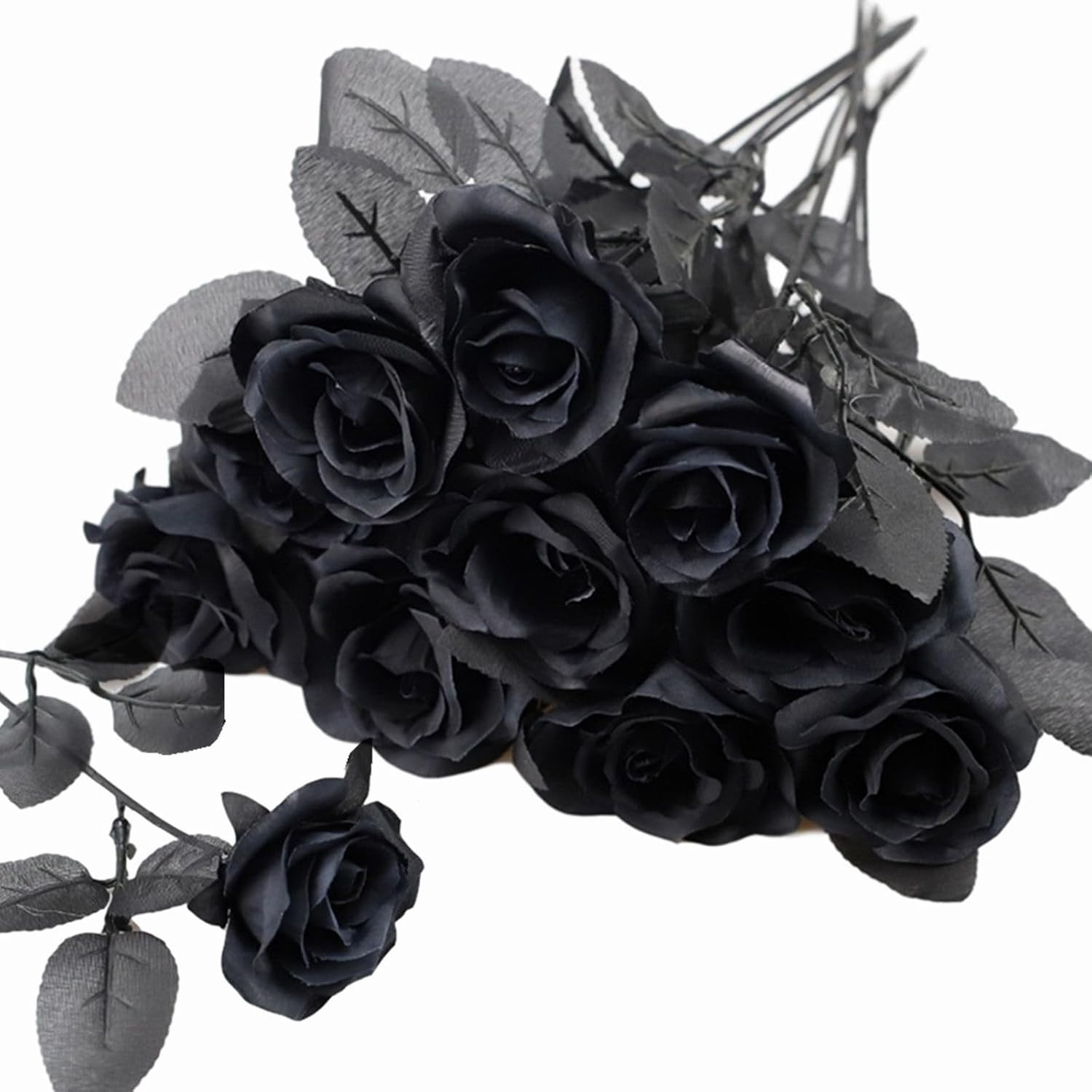 10Pcs Black Roses Artificial Flowers, All Black Faux Fake Silk Rose Black Flower