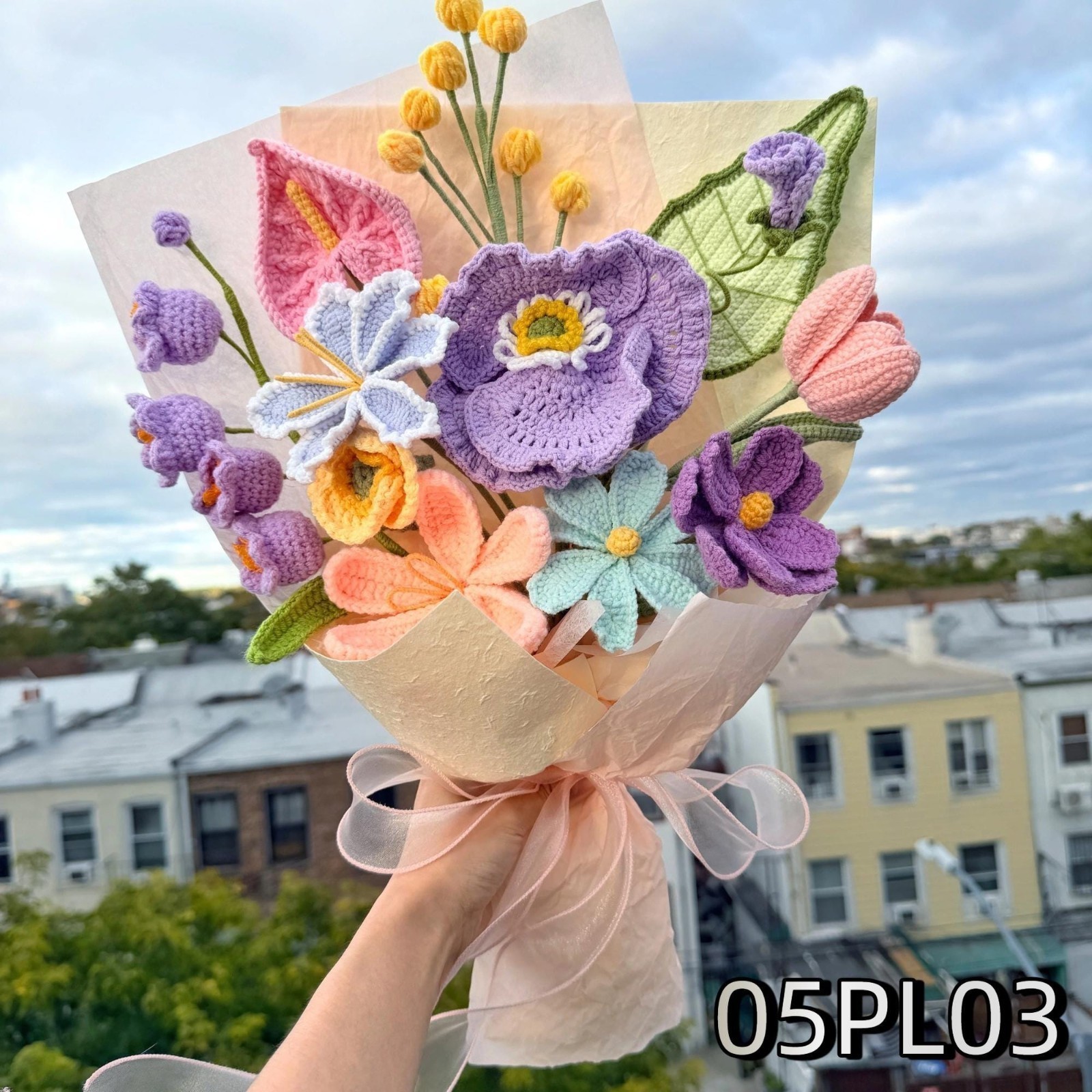 Purple Blue Crochet Flower Bouquet Birthday Thank You Gift for Mom