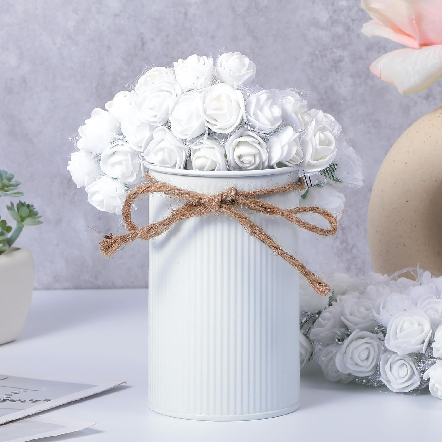144Pcs Mini Artificial Rose Flower Heads and Soft Stem Small White Flowers with