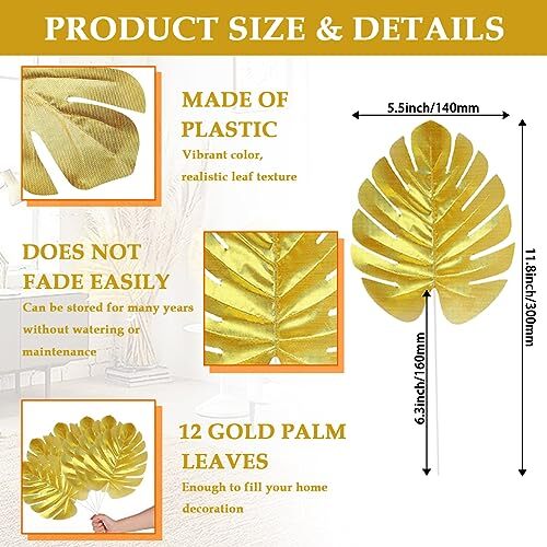 12 Pcs Artificial Gold Palm Leaves Tropical Party Leaves Table Wall Decoration