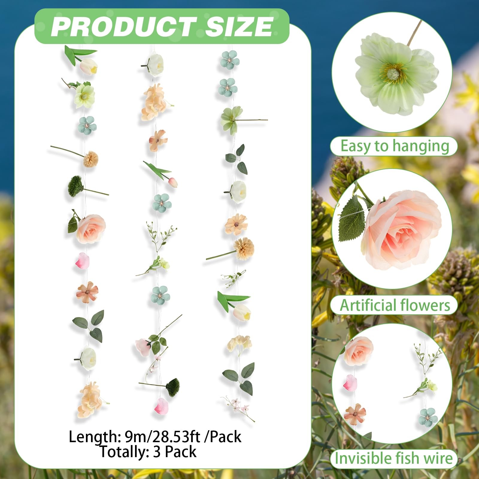3 Pcs Artificial Flowers Hanging Decorations, 29.5ft Wildflower Daisy Garland…