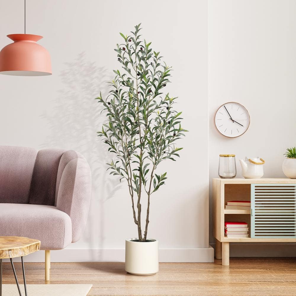 DR.Planzen 6 ft. Artificial Olive Tree, White Planter, Large Faux Silk Tree