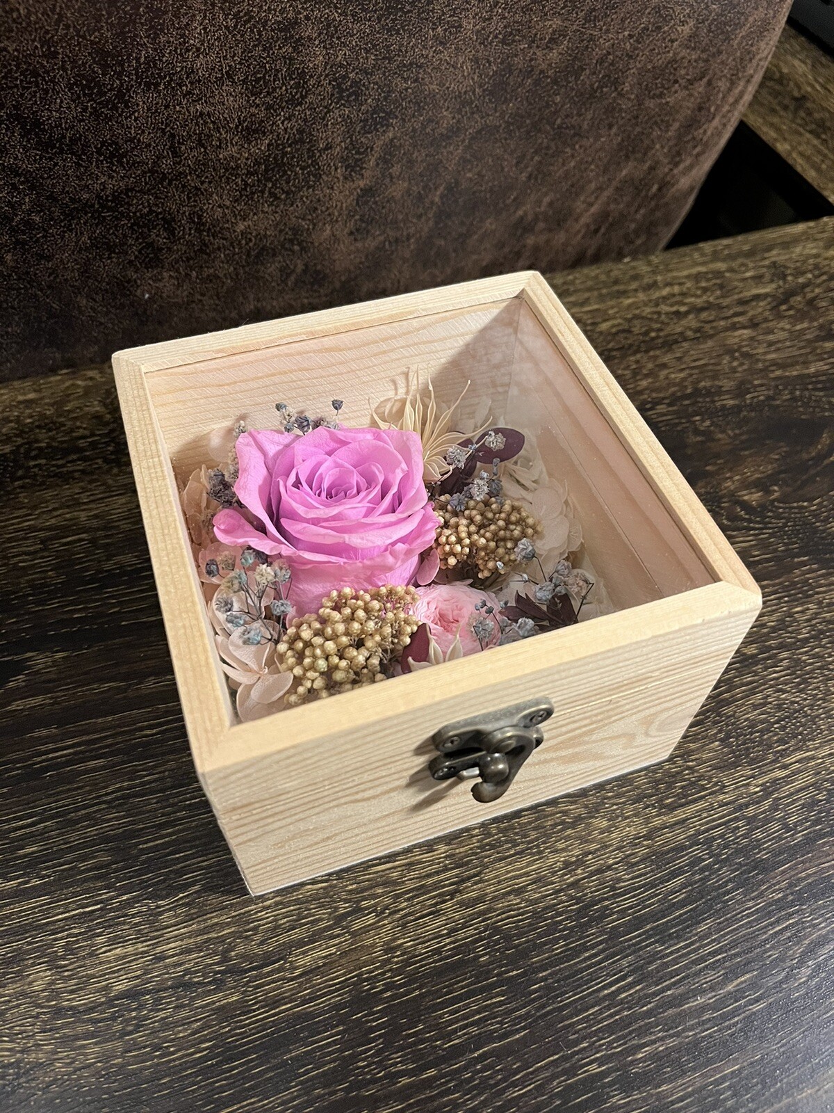 Pink Rose Preserved flower Glass Clamshell Wooden Box Holiday Gift Giving