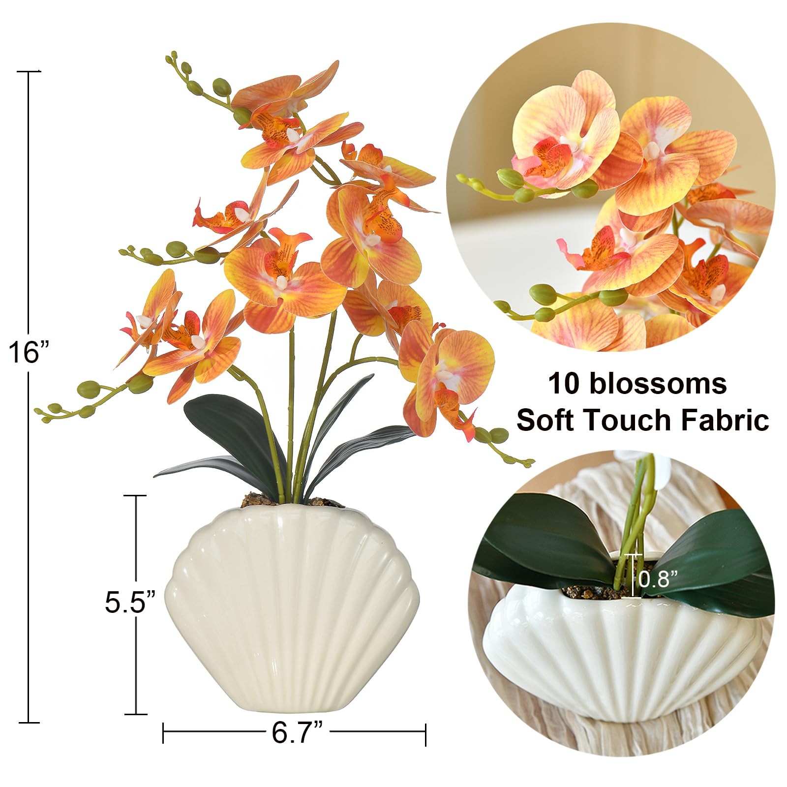 Artificial Phalaenopsis Orchid Plant in Seashell Pot, 16″ Fake Orchid Flowers…