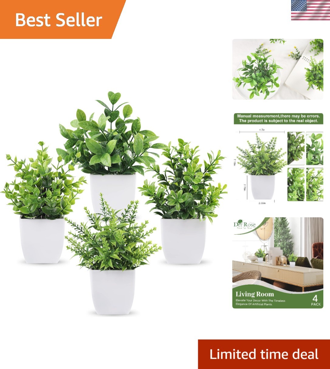 Durable Dust-Resistant Artificial Greenery – 4 Mini Potted Plants Bundle