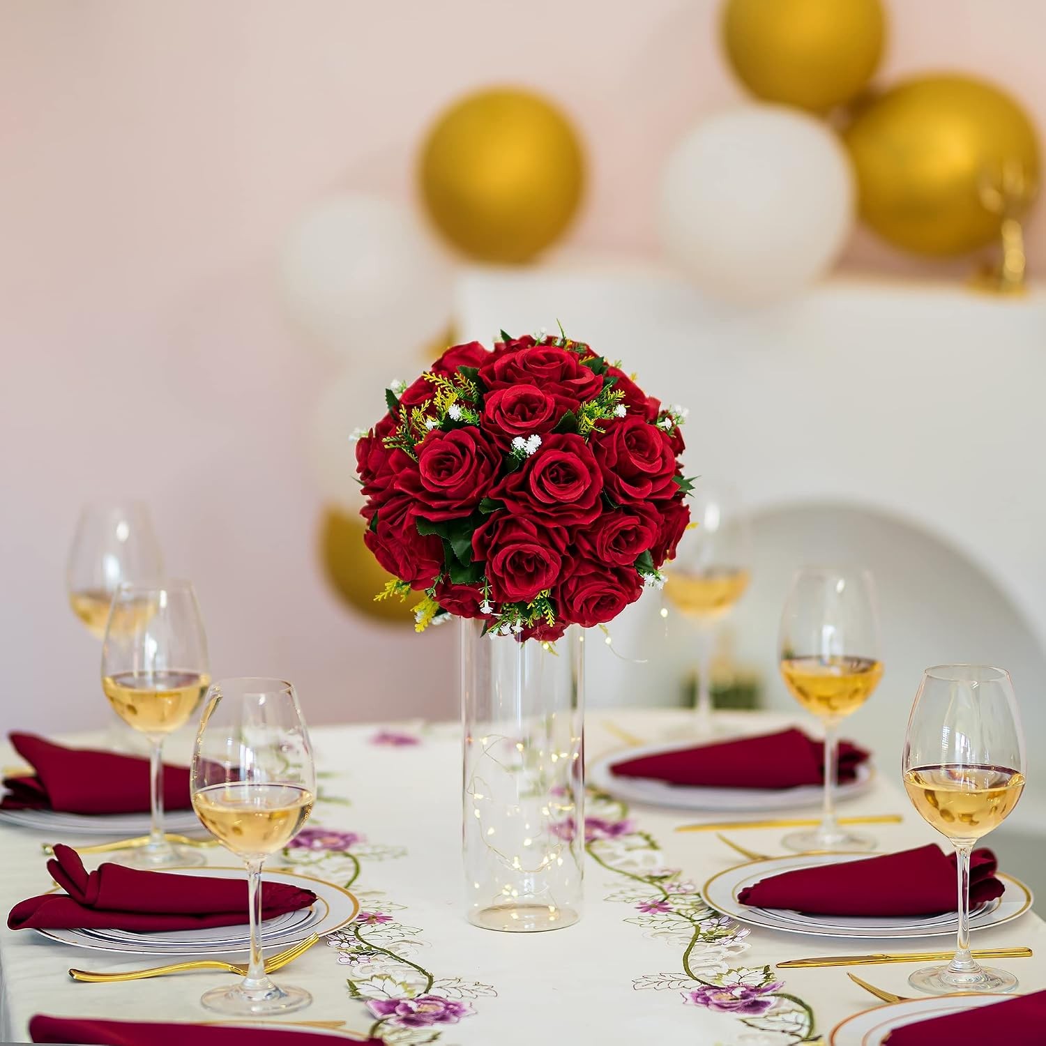 Flower Centerpieces for Tables Wedding: 10 Pcs Crimson Red Artificial Rose